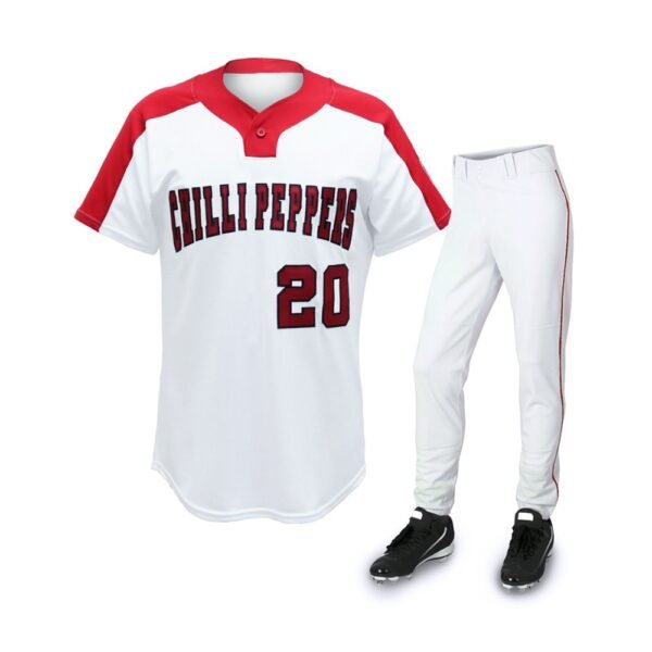 Custom "Chilli Peppers" Baseball Uniform Manufacturer & Wholesale | Pexton Apparel Custom white baseball uniform set with red trim, "Chilli Peppers" logo and number 20