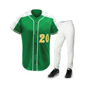 Custom green button down baseball jersey with number 20 and white baseball pants set