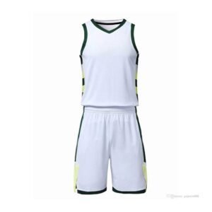 Custom white basketball jersey and shorts uniform set with dark green and yellow side trim