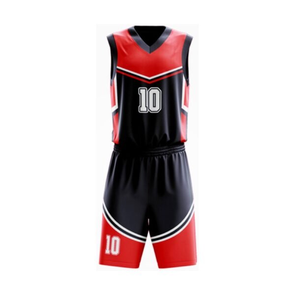 Custom black and red sublimated basketball jersey with number 10 and matching shorts set