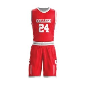 Custom red and white COLLEGE 24 sublimated basketball jersey and shorts set