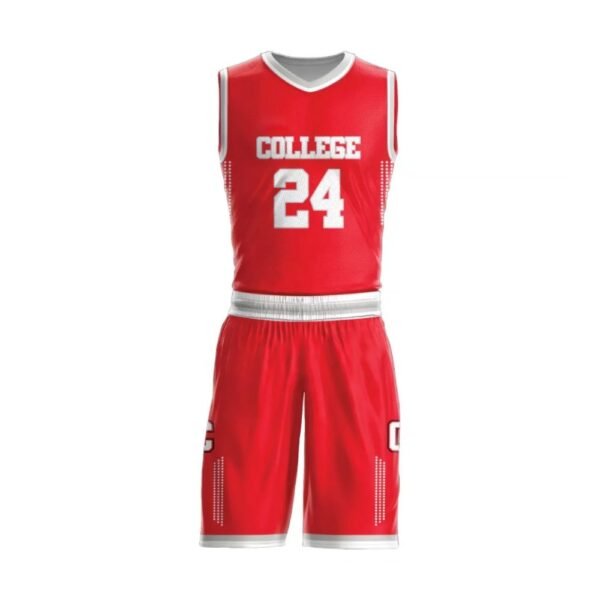 Custom Red Basketball Uniform Manufacturer Wholesale | Pexton Apparel Custom red and white COLLEGE 24 sublimated basketball jersey and shorts set