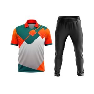 Custom teal, orange, and white sublimated cricket polo jersey and black cricket pants uniform set