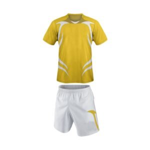 Custom yellow jersey with white wave graphics and matching white shorts football kit