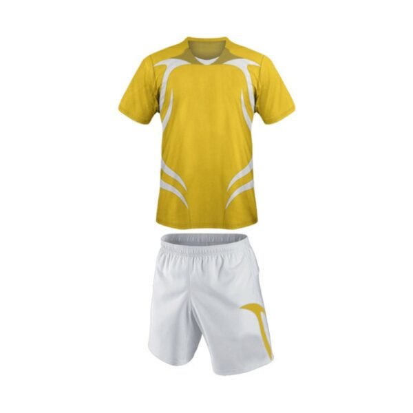 Custom Yellow & White Football Uniform Manufacturer | Pexton Apparel Custom yellow jersey with white wave graphics and matching white shorts football kit