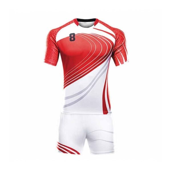 Custom Red & White Football Jersey Manufacturer | Pexton Apparel Custom red and white graphic sublimated football jersey with number 8 and matching shorts