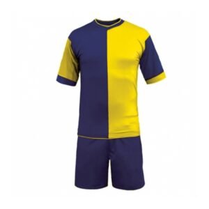 Custom blue and yellow split design sublimated football jersey and matching shorts kit
