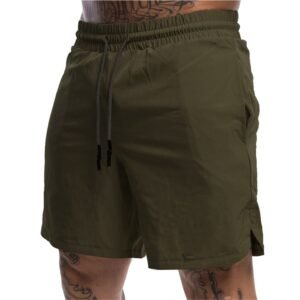 Custom olive green men athletic training shorts with elastic drawstring waistband and side slit