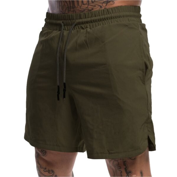 Custom Men Olive Green Gym Training Shorts Manufacturer Wholesale | Pexton Apparel Custom olive green men athletic training shorts with elastic drawstring waistband and side slit