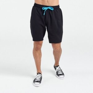 Custom black men athletic workout shorts with teal cyan contrast drawstring and elastic waistband