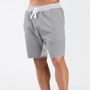 Custom heather grey men raw hem gym shorts with white drawstring for fitness and workout