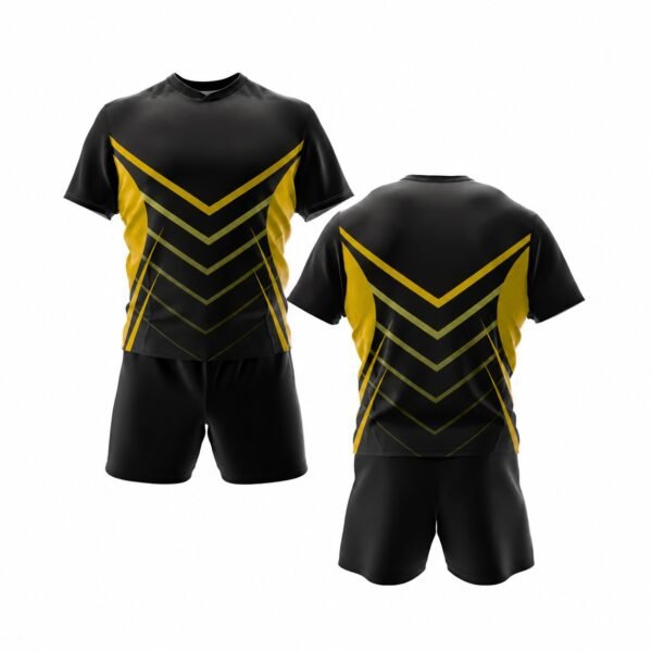 Custom Rugby Uniform Manufacturer | OEM Rugby Jerseys & Team Kits Custom black and red sublimated rugby jersey set with matching shorts for sports teams