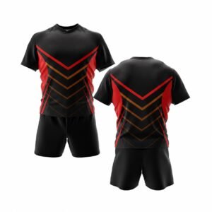 Custom black and red sublimated rugby jersey set with matching shorts for sports teams