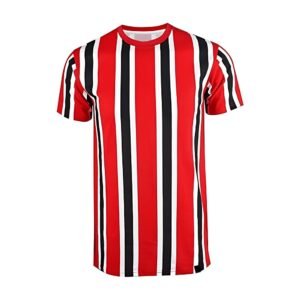Custom red, black, and white vertical striped crew neck t-shirt for private label clothing brands