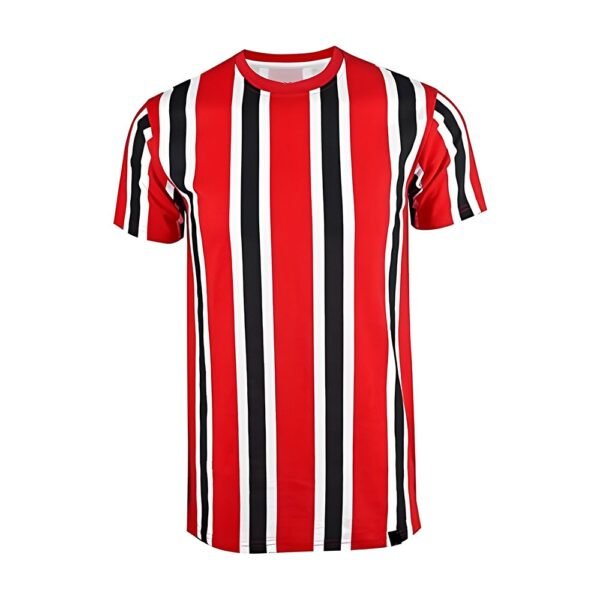 Custom red, black, and white vertical striped crew neck t-shirt for private label clothing brands