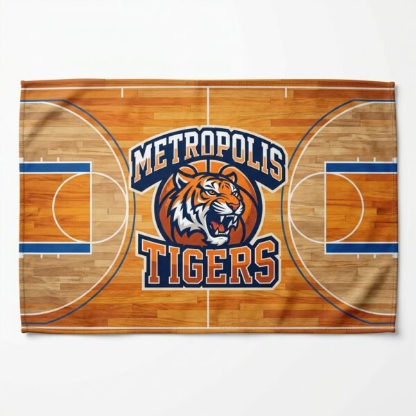 Basketball team towel with court print and tiger mascot