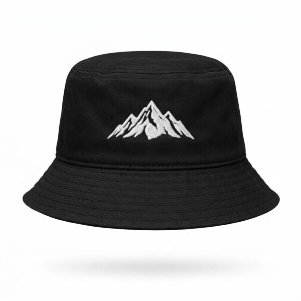 Black cotton bucket hat with white embroidered mountain logo
