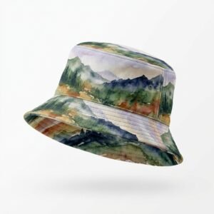 Watercolour mountain landscape print bucket hat