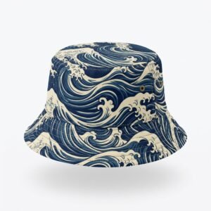 Navy Japanese wave print bucket hat