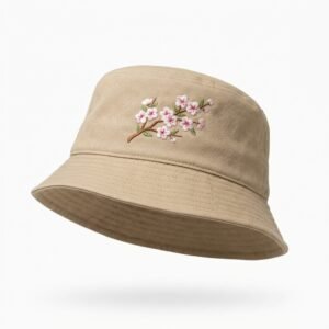 Beige canvas bucket hat with cherry blossom embroidery