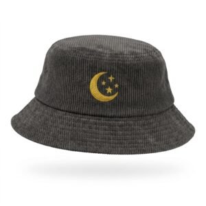 Charcoal grey corduroy bucket hat with gold moon embroidery
