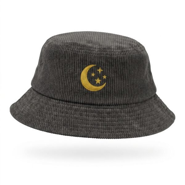 Charcoal grey corduroy bucket hat with gold moon embroidery