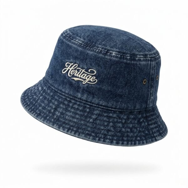 Custom Washed Denim Bucket Hat – Script Logo Washed blue denim bucket hat with embroidered script logo