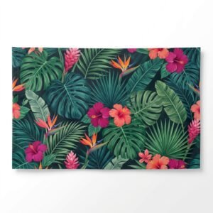 Tropical floral print flag with hibiscus and palm leaves