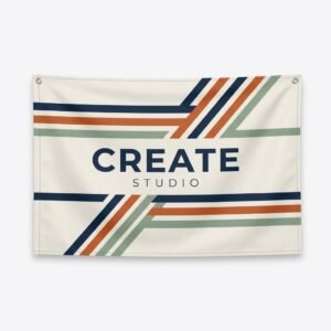 Custom printed polyester brand flag with logo and stripes, hanging with grommets