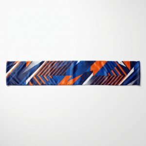 Sublimated polyester sports scarf with blue and orange geometric print