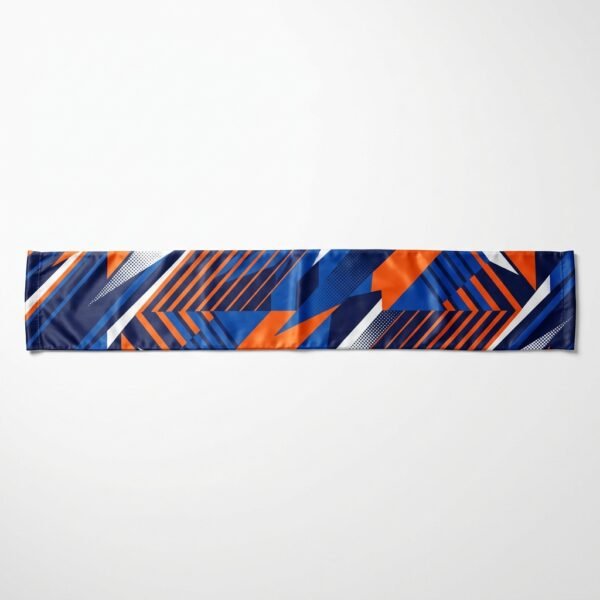 Sublimated polyester sports scarf with blue and orange geometric print