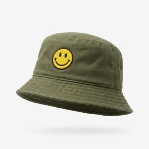 Olive green bucket hat with yellow smiley patch
