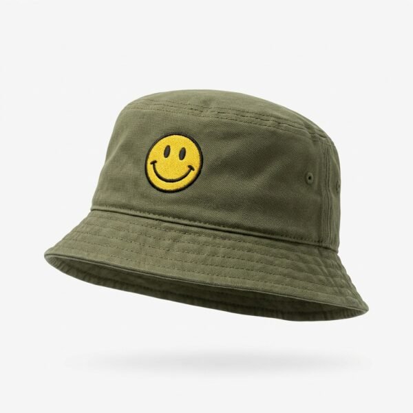 Custom Olive Canvas Bucket Hat – Smiley Patch Olive green bucket hat with yellow smiley patch