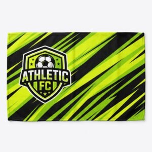 Custom sublimated sports towel with football club crest and neon green slash design