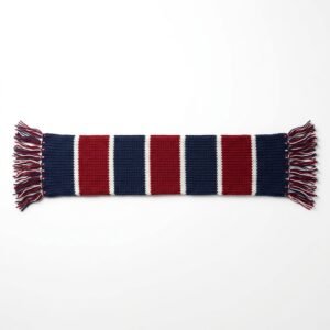 Knitted jacquard football scarf with navy and red bar stripes and fringed ends