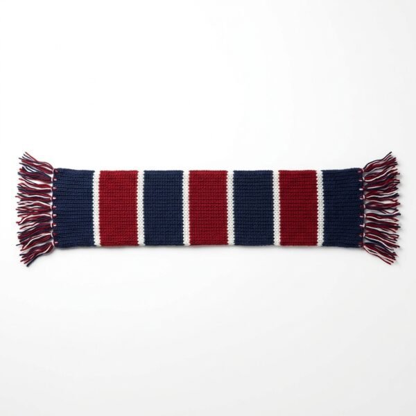 Knitted jacquard football scarf with navy and red bar stripes and fringed ends