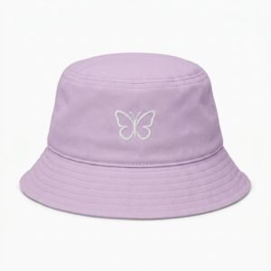 Lavender pastel bucket hat with white butterfly embroidery