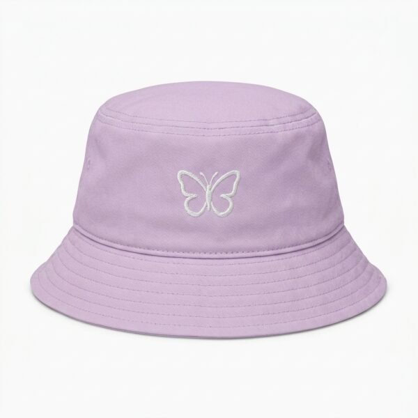 Custom Lavender Bucket Hat – Butterfly Embroidery Lavender pastel bucket hat with white butterfly embroidery