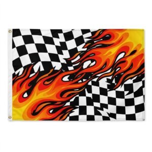 Racing checkered flag with orange and red flame design