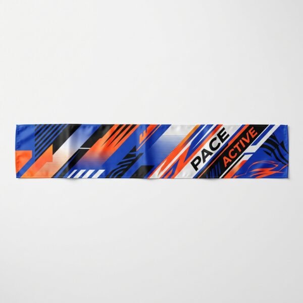 Blue and orange branded satin sports scarf