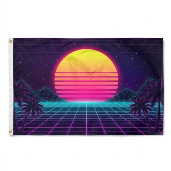 Retro synthwave sunset wall flag with neon grid design