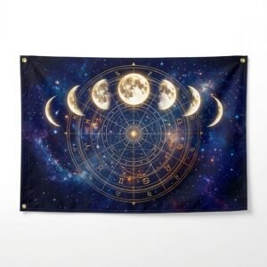 Moon phases celestial flag with galaxy background