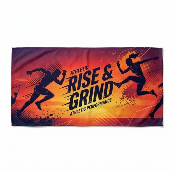 Custom Motivational Gym Towel – Rise & Grind Rise and Grind motivational gym towel with sunset print