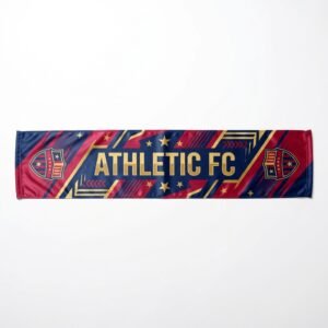 Red and navy satin football club scarf with crests