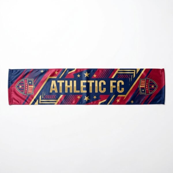 Red and navy satin football club scarf with crests