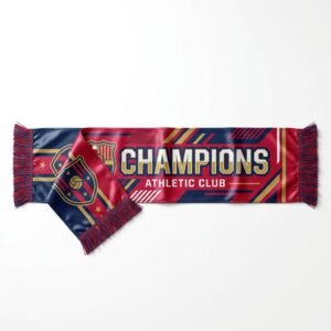 Satin sublimated supporter scarf with Champions club design and fringe