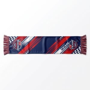 Sublimated satin team scarf with red and navy diagonal stripes and checkered ends