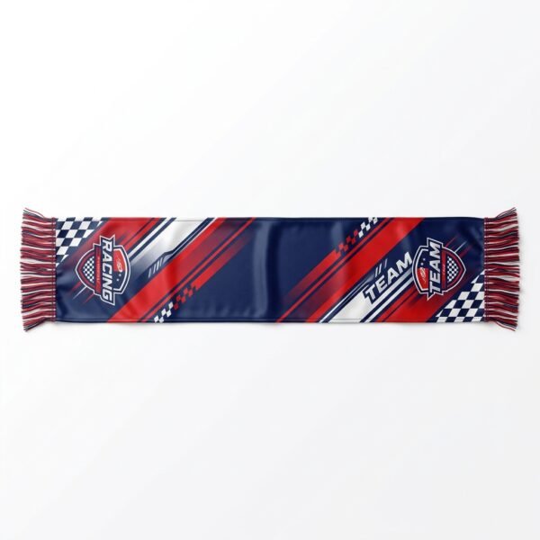 Satin_sublimation_team_scarf_mockup_20261015020214 Sublimated satin team scarf with red and navy diagonal stripes and checkered ends