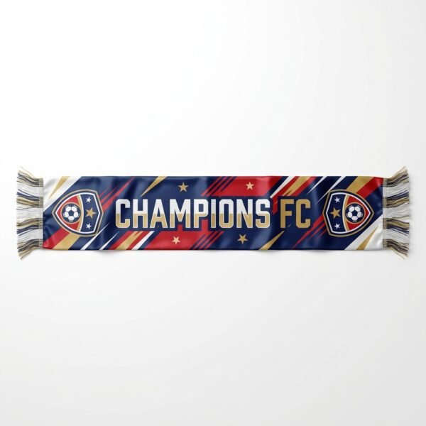 Navy and gold Champions satin scarf with fringe