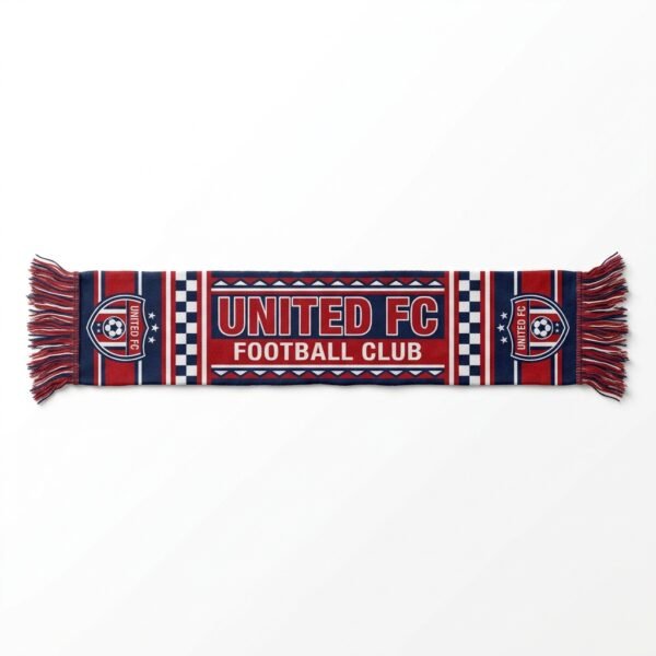 Soccer_knitted_fan_scarf_flat_20261015020214 Knitted fan scarf with United FC club name and crest in red and navy